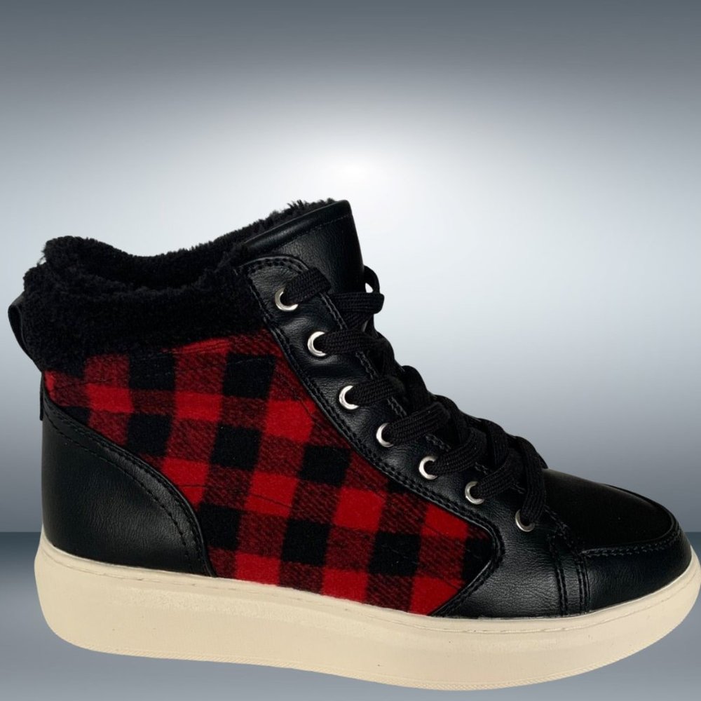 Marc Fisher Fellow Black & Red Checked Lace Up High Top Sneaker Boot